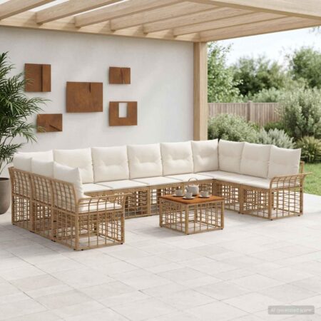 Udendørs sofagruppe 11 stk. i polyrattan med bord - naturlig og creme hvid