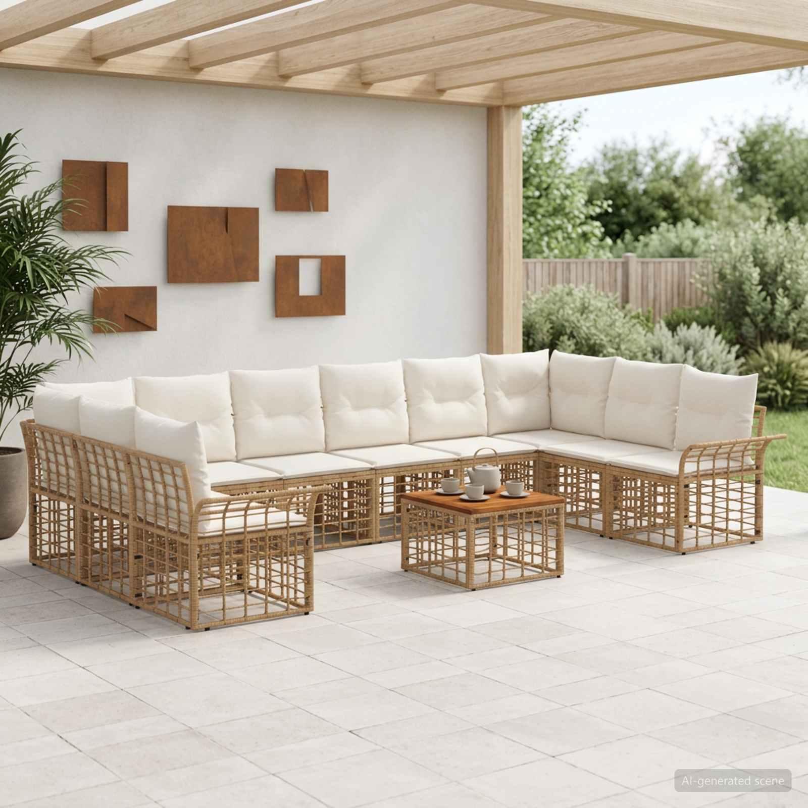 Udendørs sofagruppe 11 stk. i polyrattan med bord - naturlig og creme hvid Udendørs sofagruppe 11 stk. i polyrattan med bord - naturlig og creme hvid