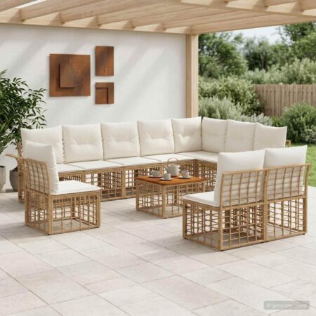 Udendørs sofagruppe 11 stk. i polyrattan med bord - naturlig og cremehvid