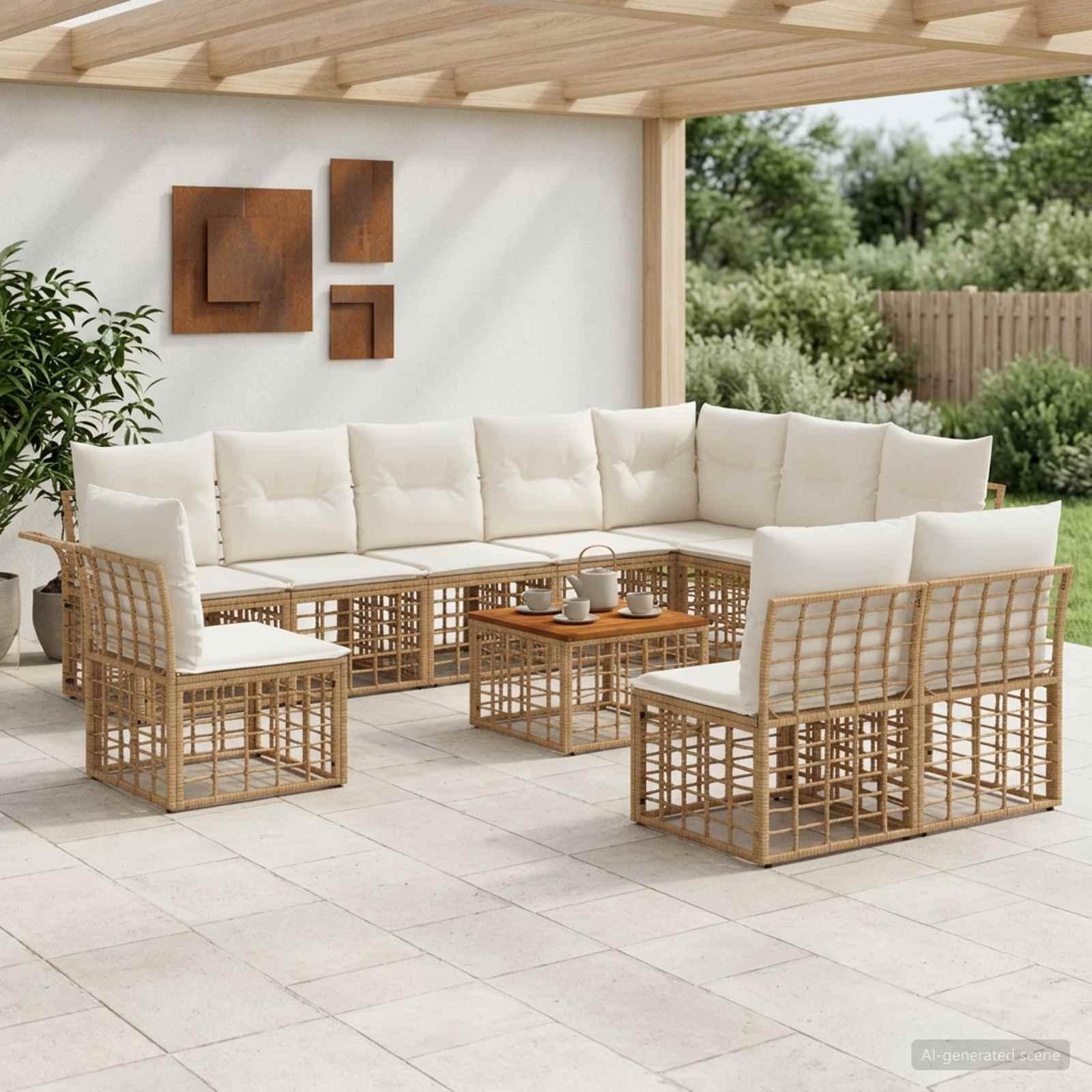 Udendørs sofagruppe 11 stk. i polyrattan med bord - naturlig og cremehvid Udendørs sofagruppe 11 stk. i polyrattan med bord - naturlig og cremehvid