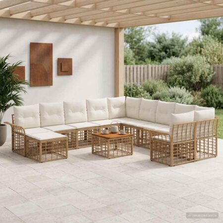 Udendørs sofagruppe 12 stk. i polyrattan med bord - naturlig og cremehvid