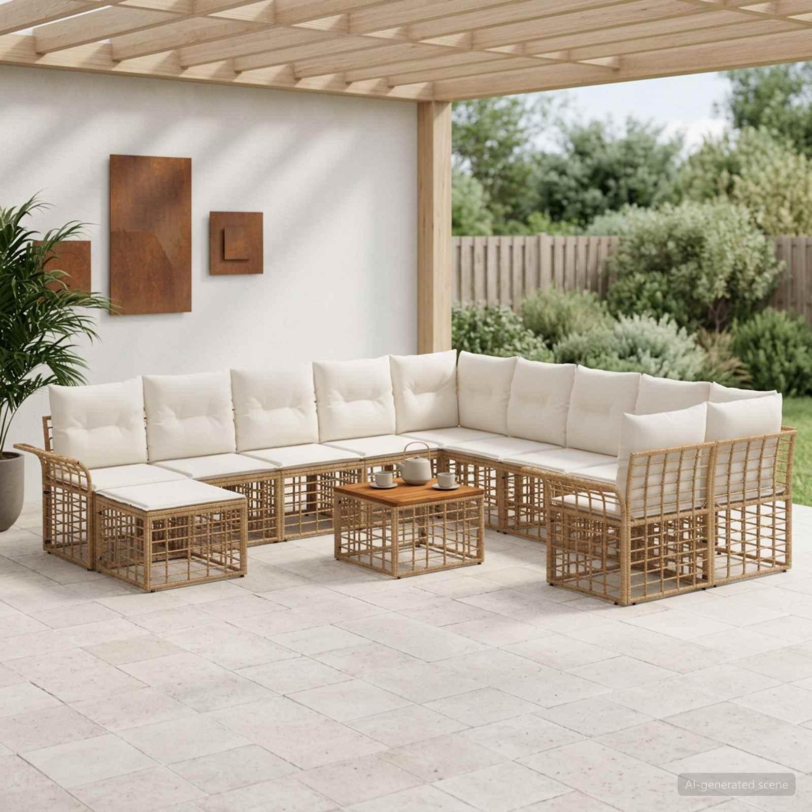 Udendørs sofagruppe 12 stk. i polyrattan med bord - naturlig og cremehvid Udendørs sofagruppe 12 stk. i polyrattan med bord - naturlig og cremehvid