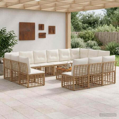 Udendørs sofagruppe 14 stk. i polyrattan med bord - naturlig og cremehvid