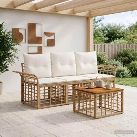 Udendørs sofagruppe 4 stk. i polyrattan med bord - naturlig og cremehvid