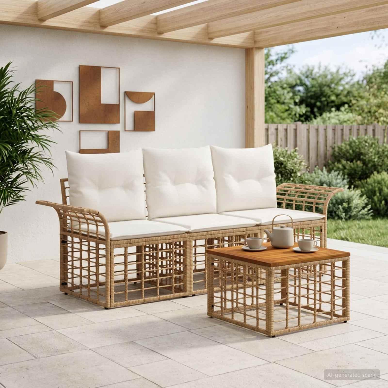 Udendørs sofagruppe 4 stk. i polyrattan med bord - naturlig og cremehvid Udendørs sofagruppe 4 stk. i polyrattan med bord - naturlig og cremehvid