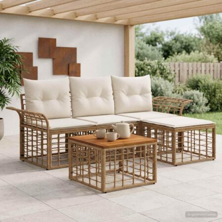 Udendørs sofagruppe 5 stk. i polyrattan med bord - naturlig og cremehvid