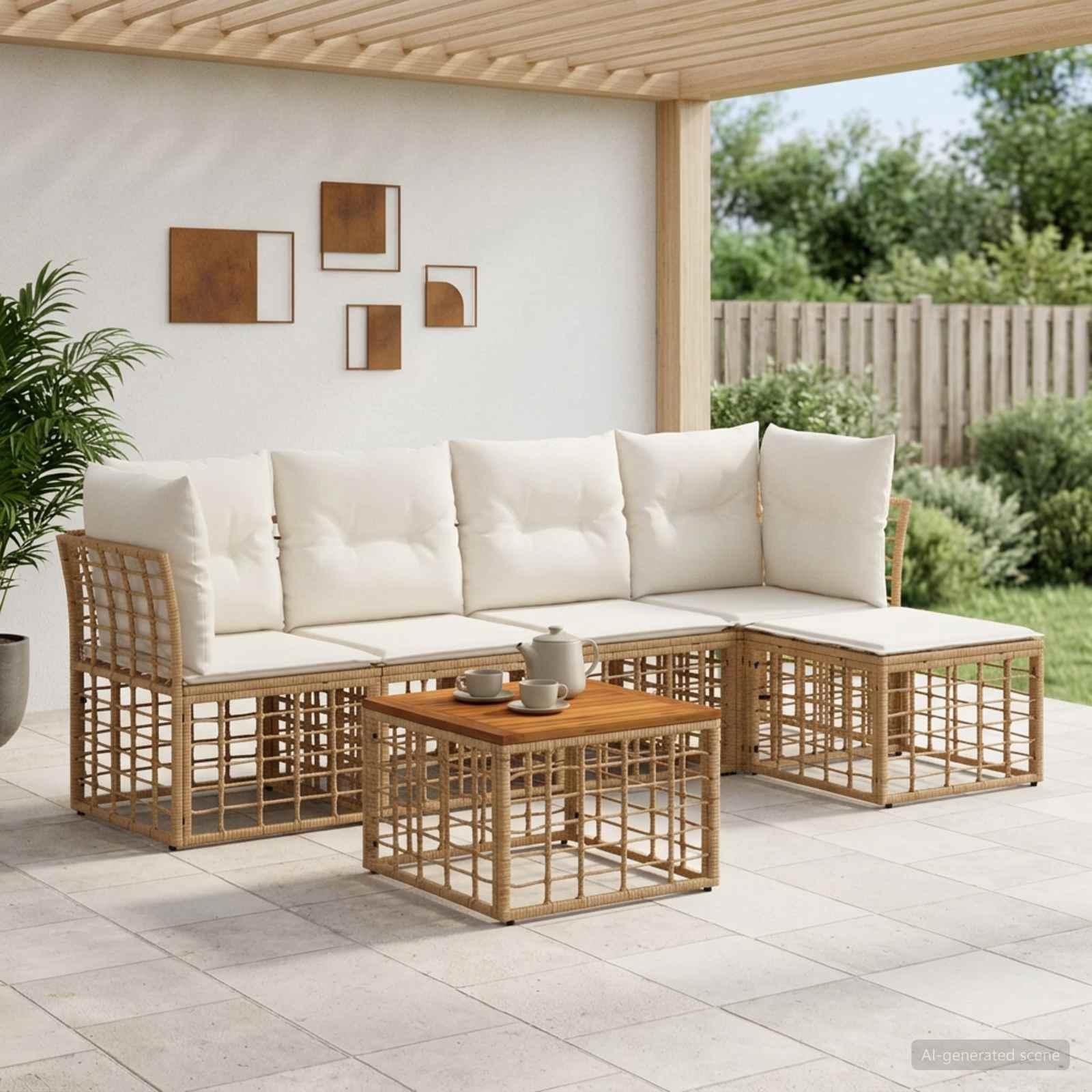 Udendørs sofagruppe 6 stk. i polyrattan med bord - naturlig og cremehvid Udendørs sofagruppe 6 stk. i polyrattan med bord - naturlig og cremehvid