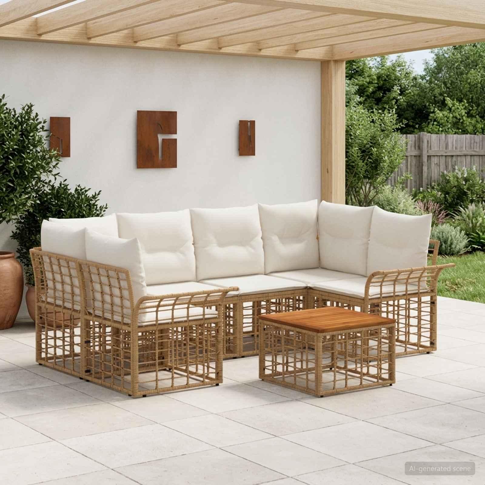 Udendørs sofagruppe 7 dele i polyrattan med bord - naturlig og creme hvid Udendørs sofagruppe 7 dele i polyrattan med bord - naturlig og creme hvid