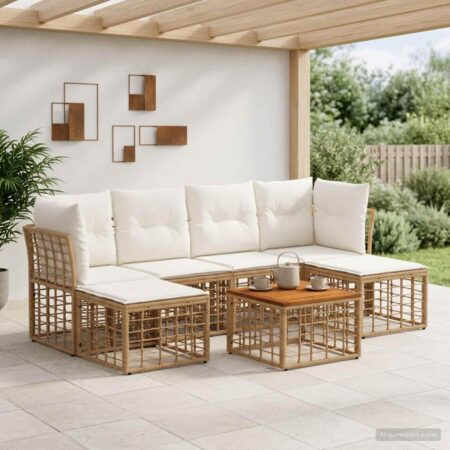 Udendørs sofagruppe 7 stk. i poly rattan med bord - naturlig og cremehvid