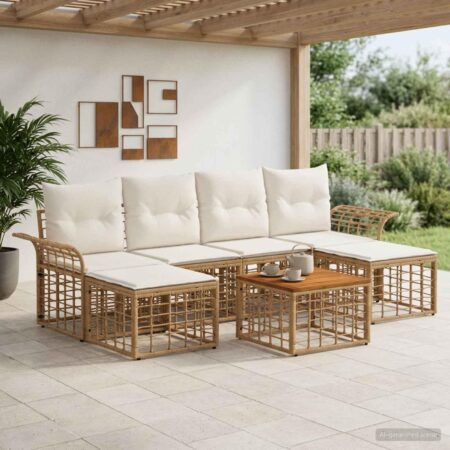 Udendørs sofagruppe 7 stk. i polyrattan med bord - naturlig og cremehvid