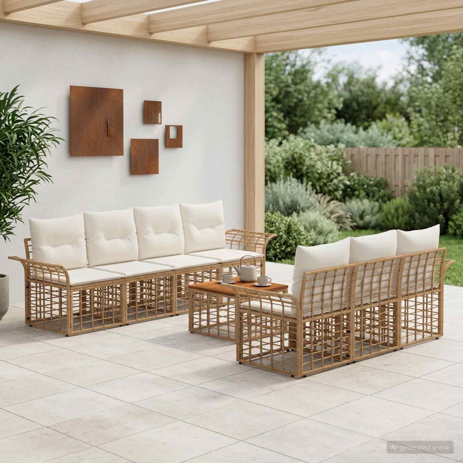 Udendørs sofagruppe 8 dele i polyrattan med bord - naturlig og cremehvid Udendørs sofagruppe 8 dele i polyrattan med bord - naturlig og cremehvid