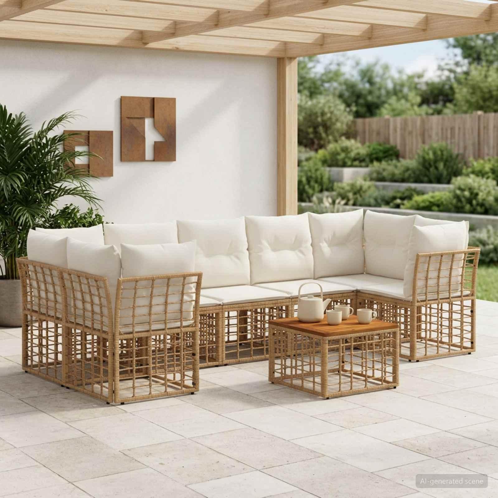 Udendørs sofagruppe 8 stk. i polyrattan med bord - naturlig og creme hvid Udendørs sofagruppe 8 stk. i polyrattan med bord - naturlig og creme hvid