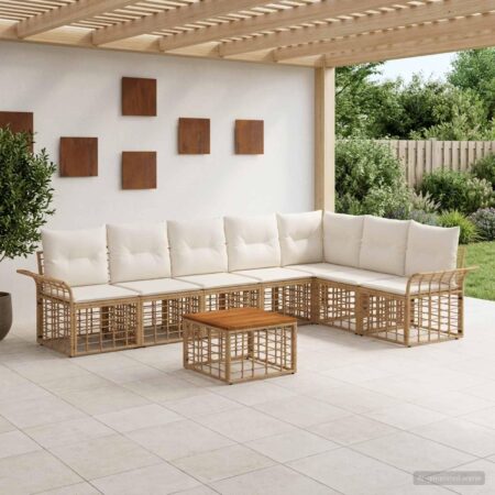 Udendørs sofagruppe 8 stk. i polyrattan med cremehvide puder og bord