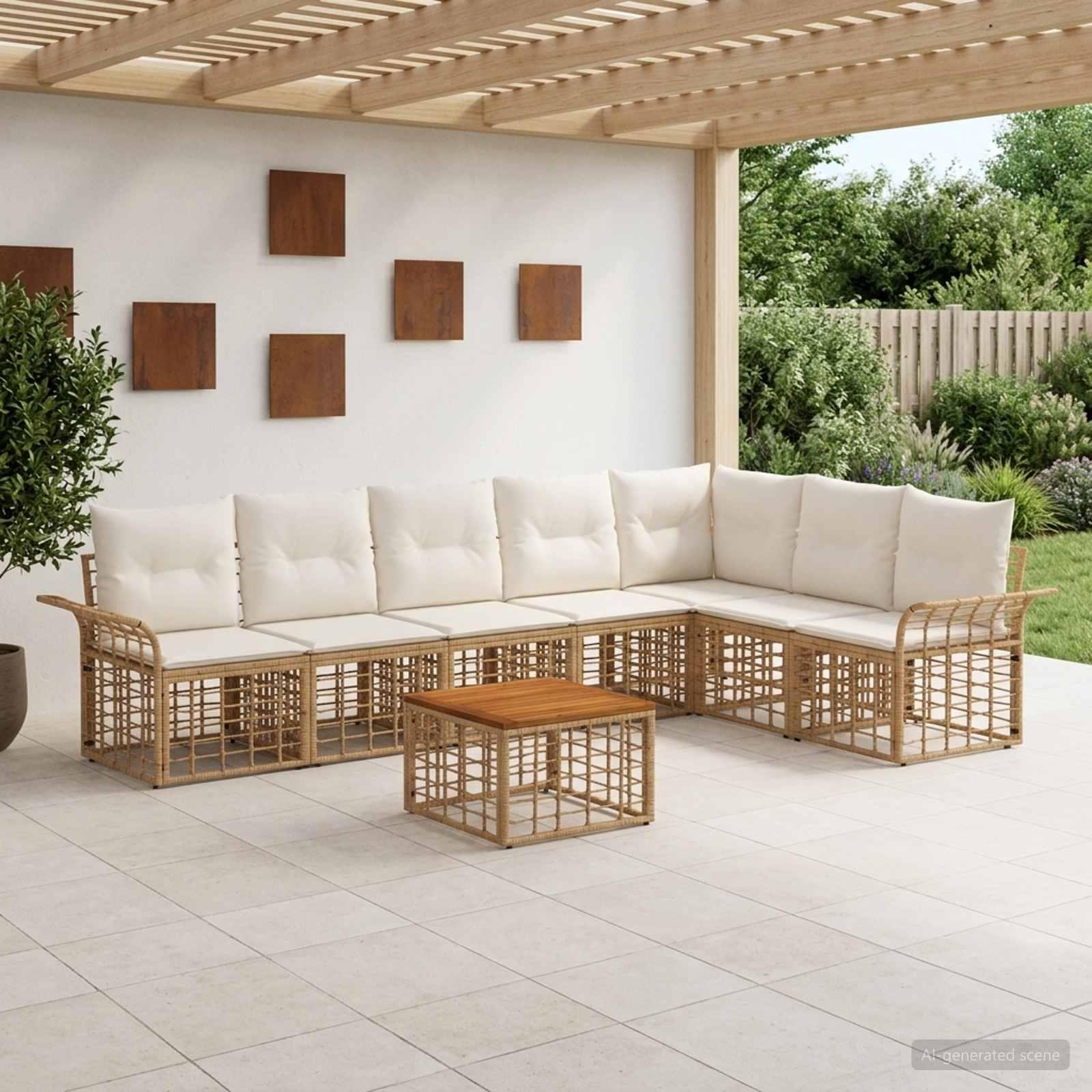 Udendørs sofagruppe 8 stk. i polyrattan med cremehvide puder og bord Udendørs sofagruppe 8 stk. i polyrattan med cremehvide puder og bord