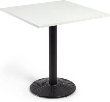Barbord / højbord Kave Home Tiaret Hvid melamin bordplade, sort pulverlakeret stålstel, rund sokkel, justerbare fødder, H74 cm
