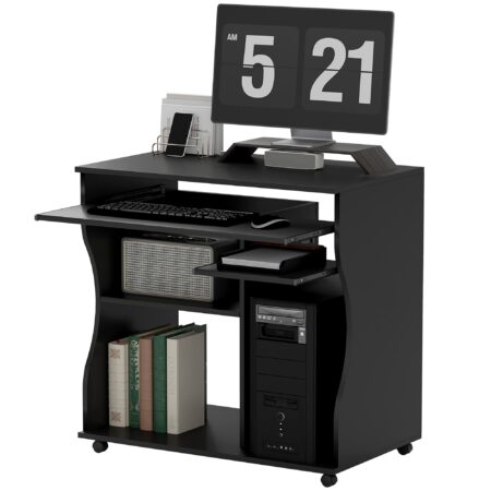 Computerbord med hjul, skrivebord med opbevaring, 80 x 48 x 75 cm, sort