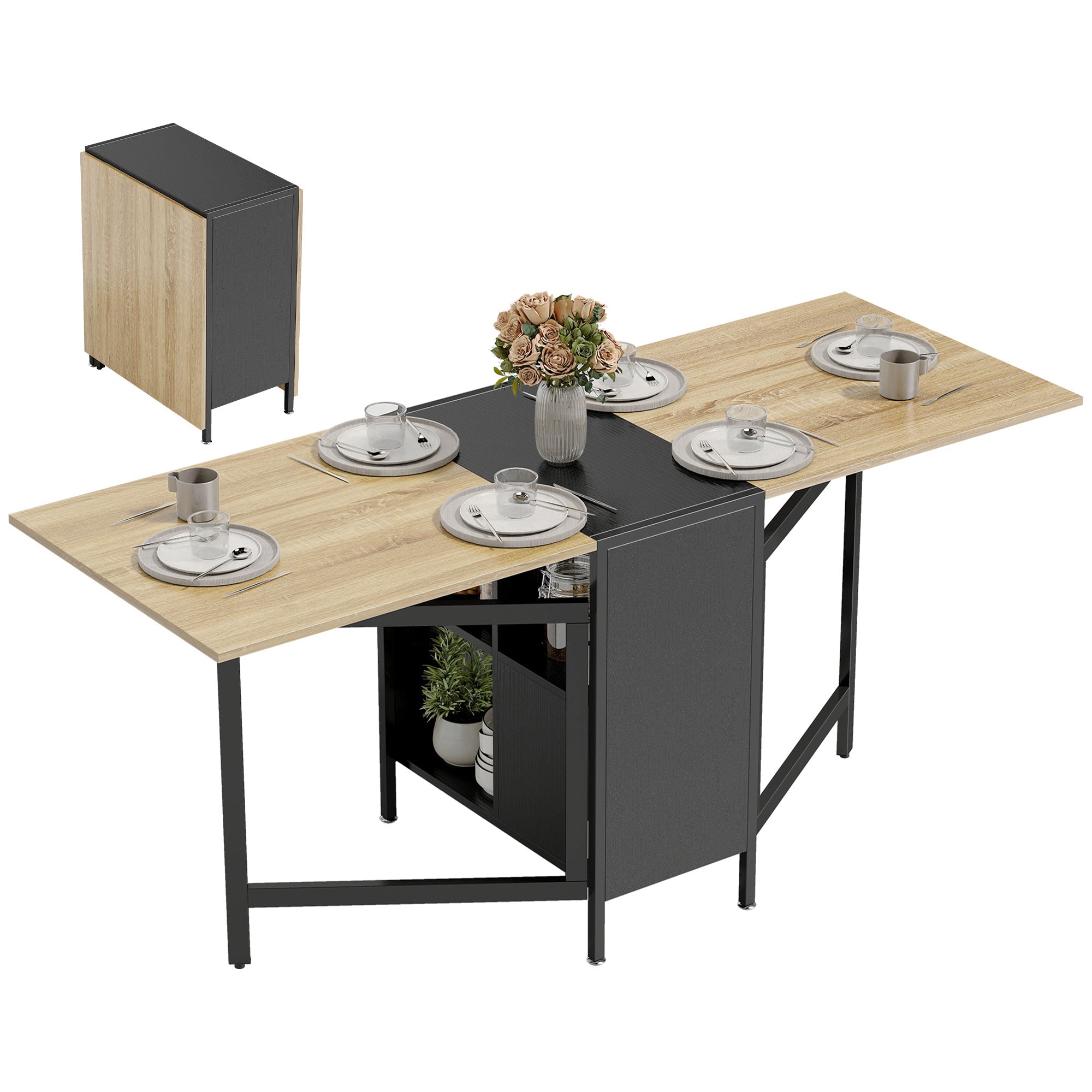 Klapbord, spisebord, sidebord, egetræ, metalstel, køkken, stue, mørk træfarve + sort Klapbord, spisebord, sidebord, egetræ, metalstel, køkken, stue, mørk træfarve + sort