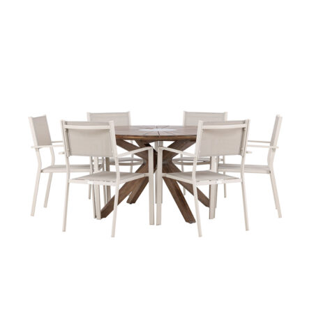 Rosario havesæt bord Ø140cm brun, 6 stole beige