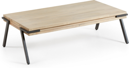 Sofabord Kave Home Thinh - massivt akacietræ, sort metalstel, 125x70x37 cm, industriel/rustik