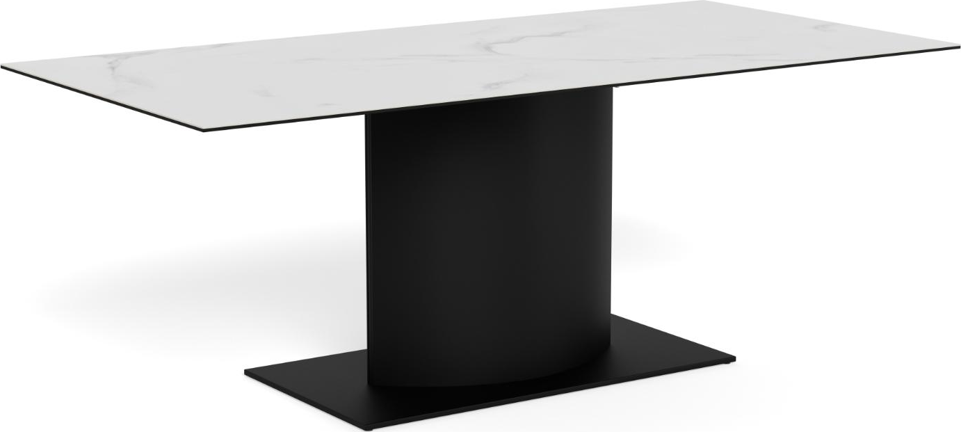 Spisebord Signature Bellora 200x100 cm, hvid Akranes keramik, mat sort stålstel, central søjle Spisebord Signature Bellora 200x100 cm, hvid Akranes keramik, mat sort stålstel, central søjle