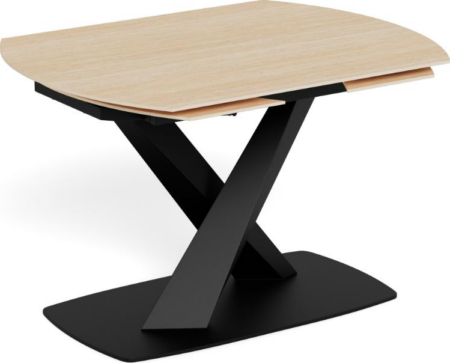 Spisebord Signature Novelle - rotationsudtræk 120 - 180 cm, sandru keramik bordplade, mat sort stålstel