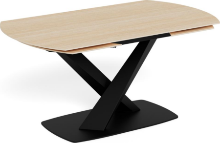 Spisebord Signature Novelle, udtræk 160 - 240 cm, sandfarvet ru keramik bordplade, mat sort pulverlakeret stel