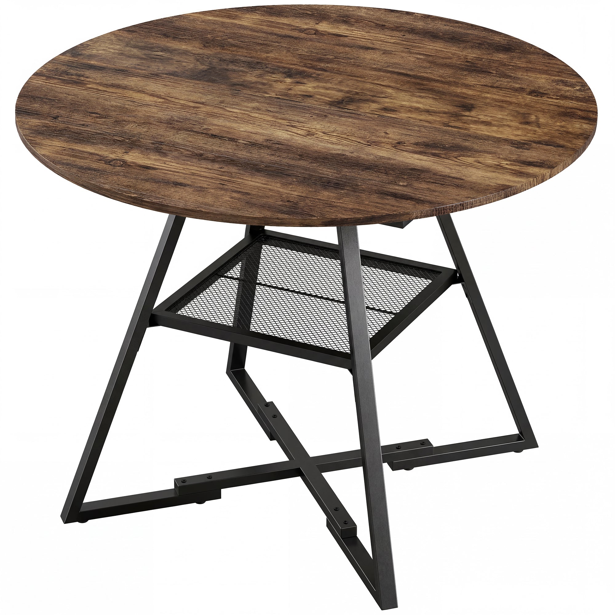 Spisebord til 4 personer, 100 cm rundt industrikøkkenbord med hylde, bordplade i trælook, rustik brun Spisebord til 4 personer, 100 cm rundt industrikøkkenbord med hylde, bordplade i trælook, rustik brun