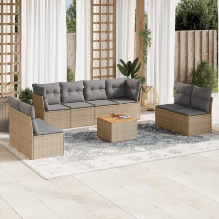 Havemøbelsæt 9 dele med hynder og bord i polyrattan - beige