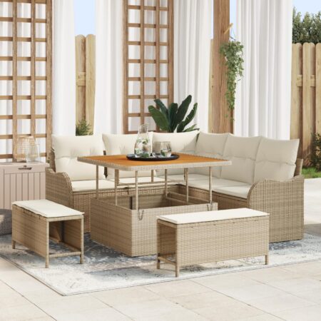 Havemøbelsæt i polyrattan med bord og 3 puffer - beige