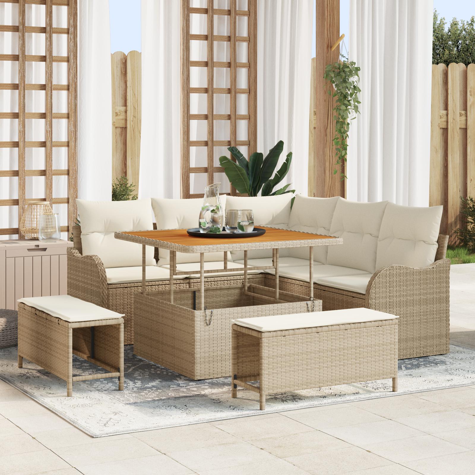 Havemøbelsæt i polyrattan med bord og 3 puffer - beige Havemøbelsæt i polyrattan med bord og 3 puffer - beige