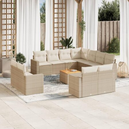 Havemøbelsæt i polyrattan med bord og hynder - beige
