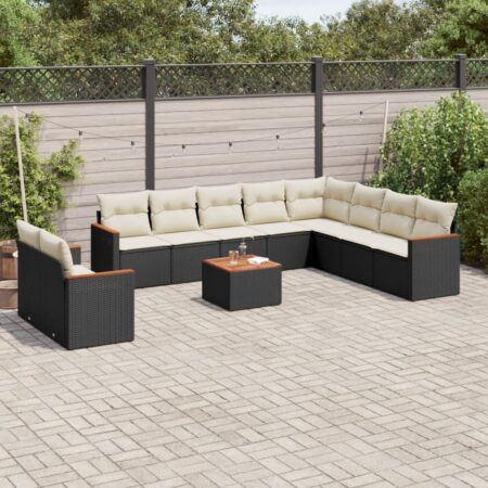 Havemøbelsæt i polyrattan med hynder og bord - sort/creme, 11 dele