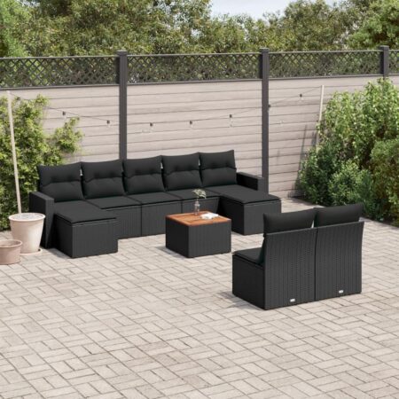 Havesofasæt 10 dele med hynder og bord i polyrattan - sort