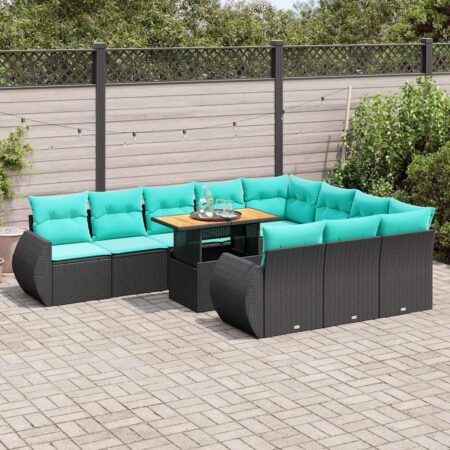 Havesofasæt 11 dele med hynder og bord - polyrattan sort/blå