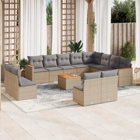 Havesofasæt 13 dele med hynder og bord i polyrattan - beige