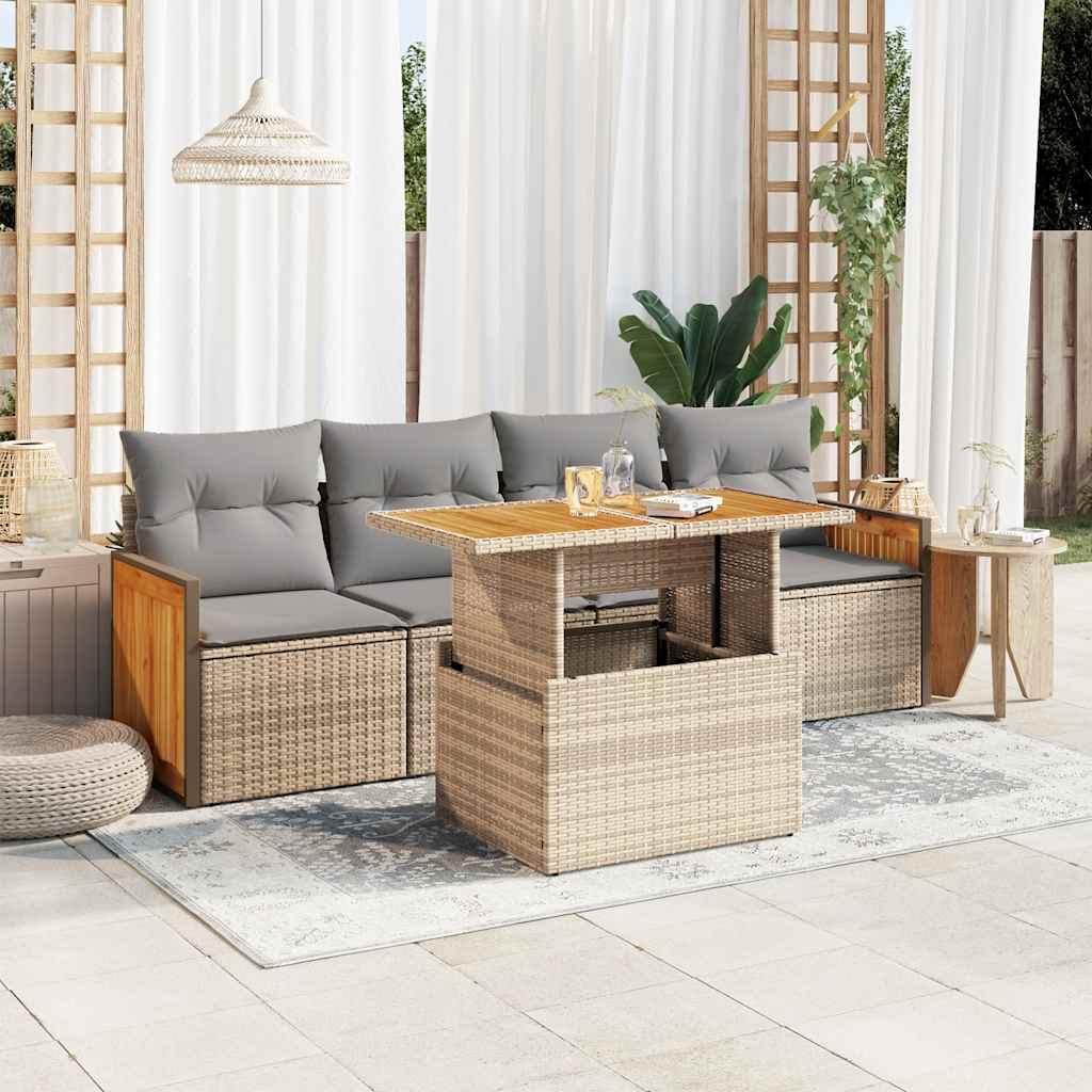Havesofasæt 5 dele med hynder og bord i polyrattan - beige/lysegrå Havesofasæt 5 dele med hynder og bord i polyrattan - beige/lysegrå