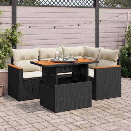 Havesofasæt 5 dele med hynder og bord i polyrattan - sort/cremefarvet