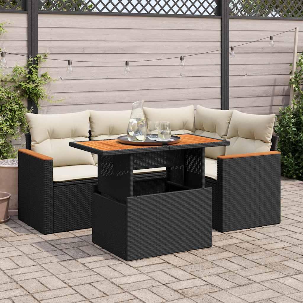 Havesofasæt 5 dele med hynder og bord i polyrattan - sort/cremefarvet Havesofasæt 5 dele med hynder og bord i polyrattan - sort/cremefarvet