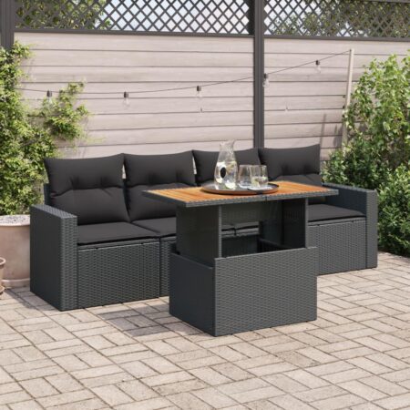 Havesofasæt 5 dele med hynder og bord - sort polyrattan