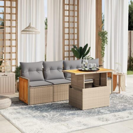 Havesofasæt 5 dele med hynder og hæve-sænke-bord - beige