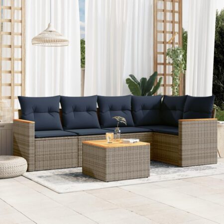 Havesofasæt 6 dele med bord og hynder i polyrattan - grå/marineblå