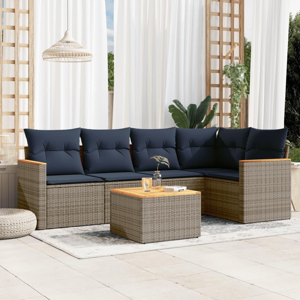 Havesofasæt 6 dele med bord og hynder i polyrattan - grå/marineblå Havesofasæt 6 dele med bord og hynder i polyrattan - grå/marineblå