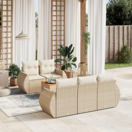 Havesofasæt 6 dele med hynder og bord i polyrattan - beige