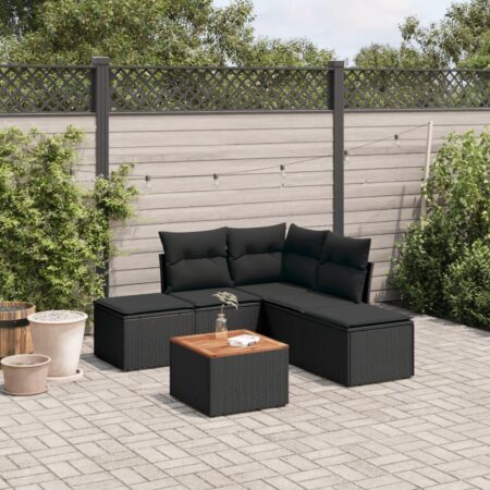 Havesofasæt 6 dele med hynder og bord i polyrattan - sort