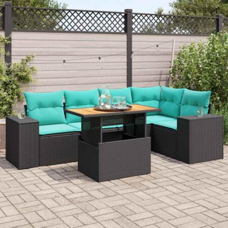 Havesofasæt 6 dele med hynder og bord i polyrattan - sort/blå