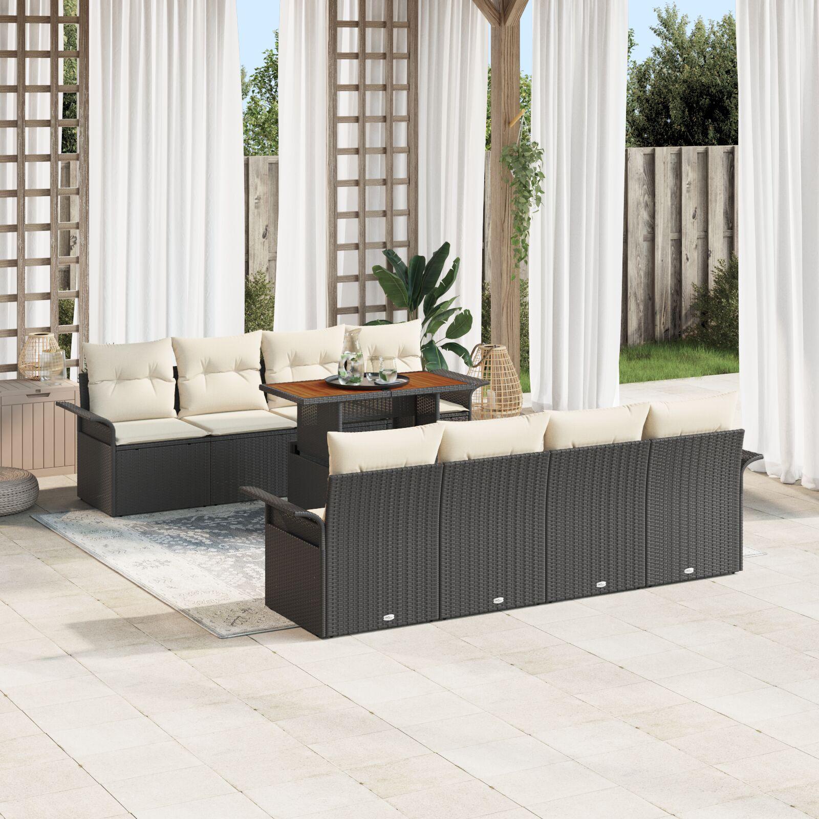 Havesofasæt 7 dele i polyrattan med højdejusterbart bord - sort og creme Havesofasæt 7 dele i polyrattan med højdejusterbart bord - sort og creme