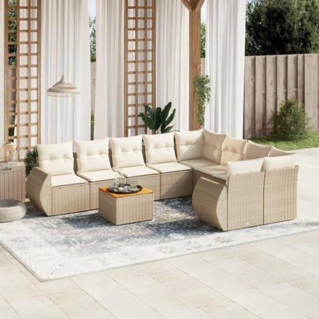 Havesofasæt 9 dele med hynder og bord i polyrattan - beige