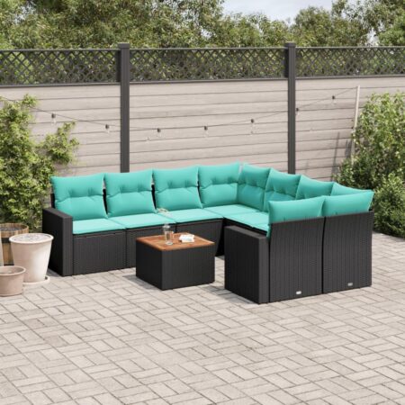 Havesofasæt 9 dele med hynder og bord i polyrattan - sort/blå