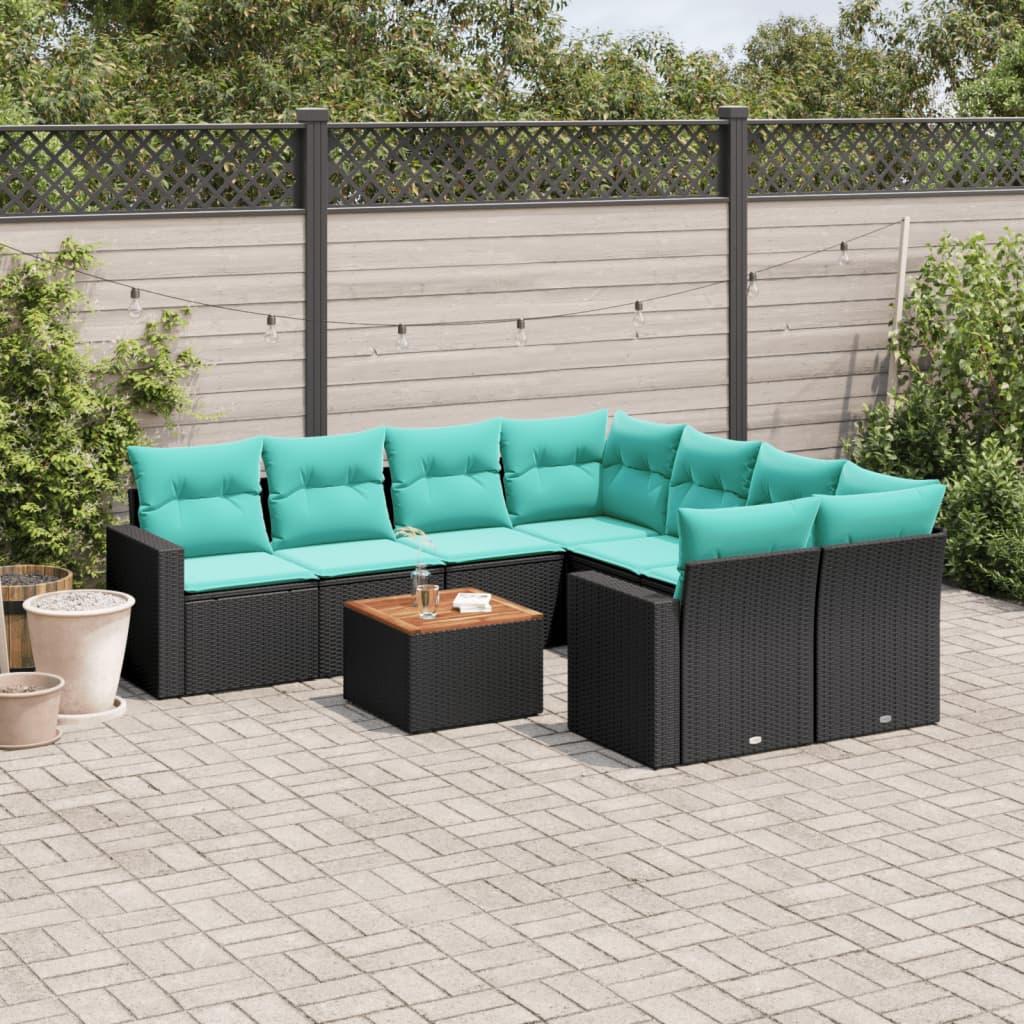 Havesofasæt 9 dele med hynder og bord i polyrattan - sort/blå Havesofasæt 9 dele med hynder og bord i polyrattan - sort/blå