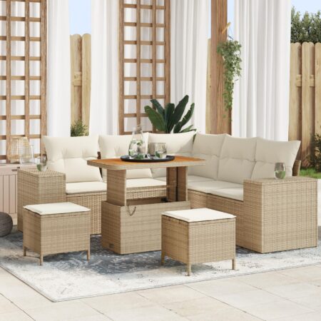 Havesofasæt i 8 dele med bord og 2 skamler - beige/creme